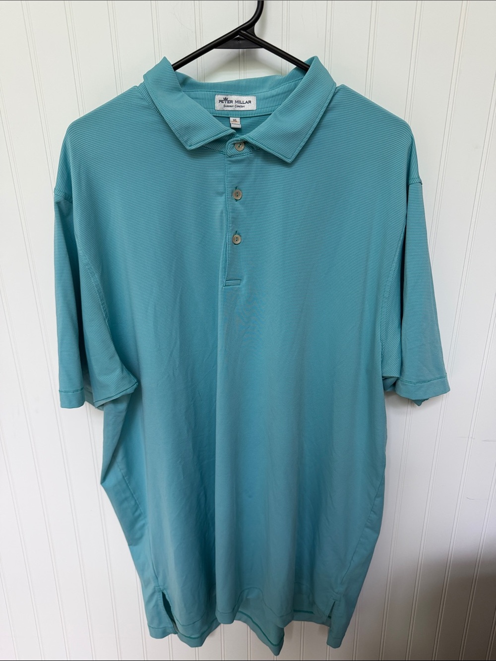 (187)Peter Millar Summer Comfort Polo Men’s XL Aqua Blue Micro Stripe Golf Shirt